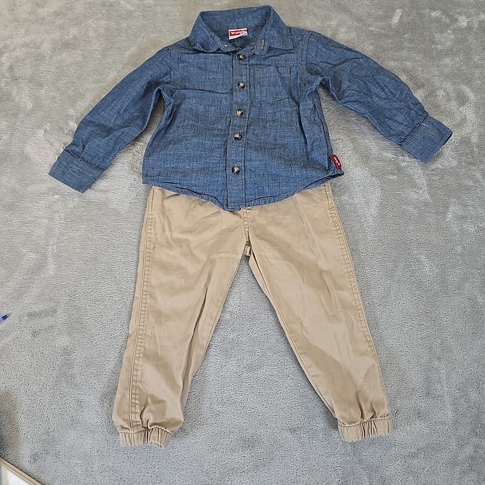 Wrangler Shirt And Jogger Boys 2T Chambray‎ Shirt Khaki Jogger Casual Outdoors